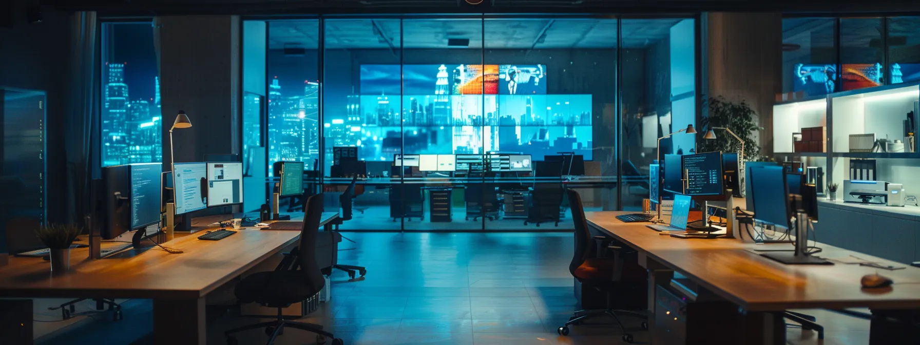 a sleek, contemporary office space is illuminated by brilliant artificial lighting, showcasing a modern workspace filled with high-tech gadgets and vibrant digital displays that convey a sense of innovation and productivity.