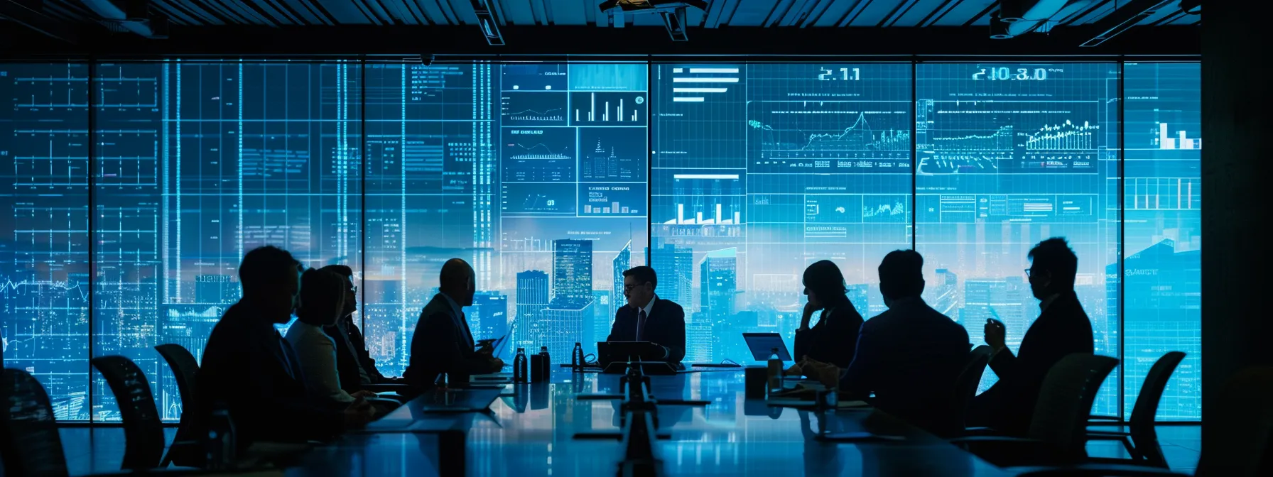a sleek, modern office environment showcases a diverse group of professionals engaged in dynamic discussions around a polished conference table, with a large digital screen displaying business analytics in the background.