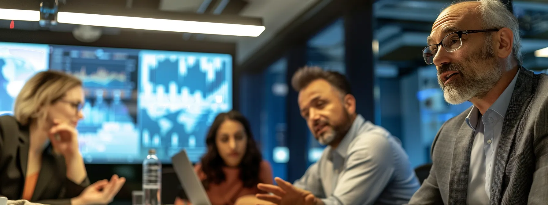a sleek, modern office environment showcases a diverse group of professionals engaged in a dynamic meeting, illuminated by sharp, overhead lighting that accentuates their focused expressions and the digital presentation on a large screen.