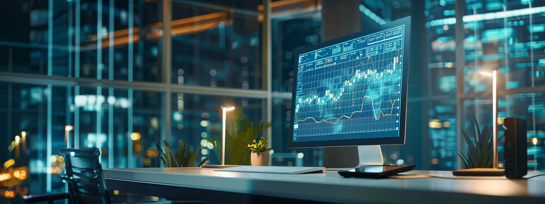a sleek, modern office environment features an illuminated desk with a computer displaying a vibrant digital representation of business statistics, emphasising the dynamic nature of corporate growth and innovation.