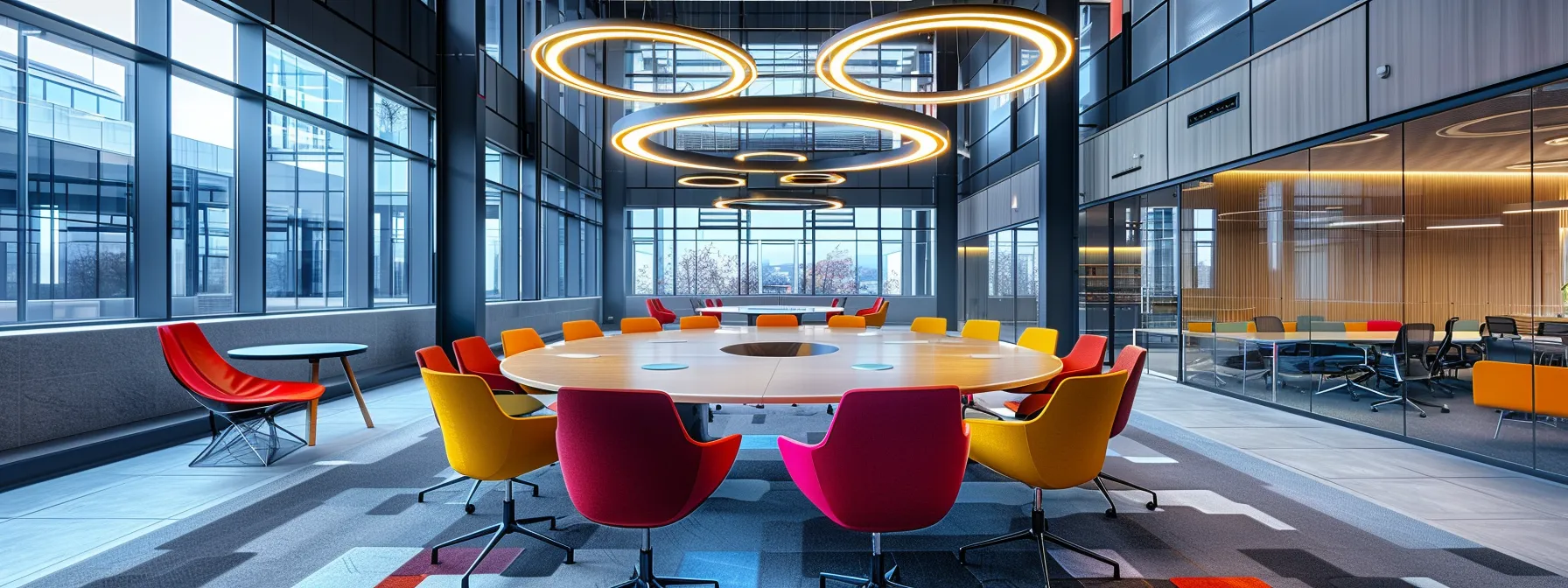 a sleek, modern office space features a large circular table surrounded by vibrant, futuristic chairs, illuminated by bold, geometric lighting that enhances the atmosphere of collaboration and innovation.