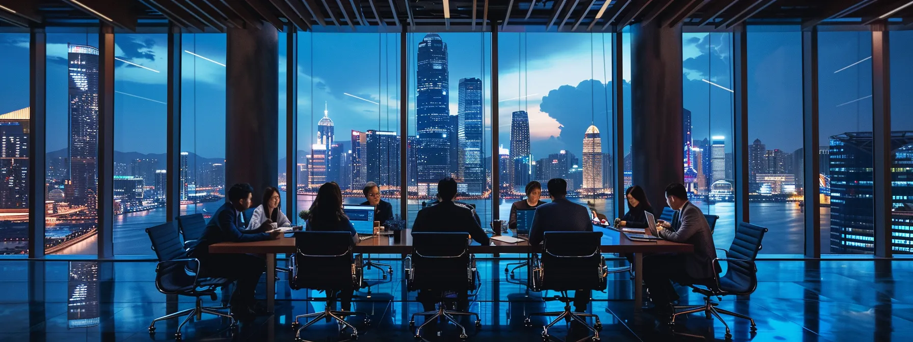 a sleek, modern office space showcases a vibrant team brainstorming around a polished conference table, illuminated by dynamic mood lighting and large floor-to-ceiling windows revealing a bustling city skyline.