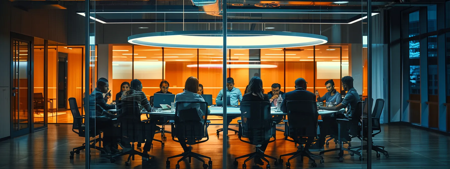 a sleek, modern office space is filled with dynamic professionals engaged in animated discussions around a central, oval conference table, illuminated by the warm glow of contemporary pendant lighting, conveying a sense of collaboration and innovation.