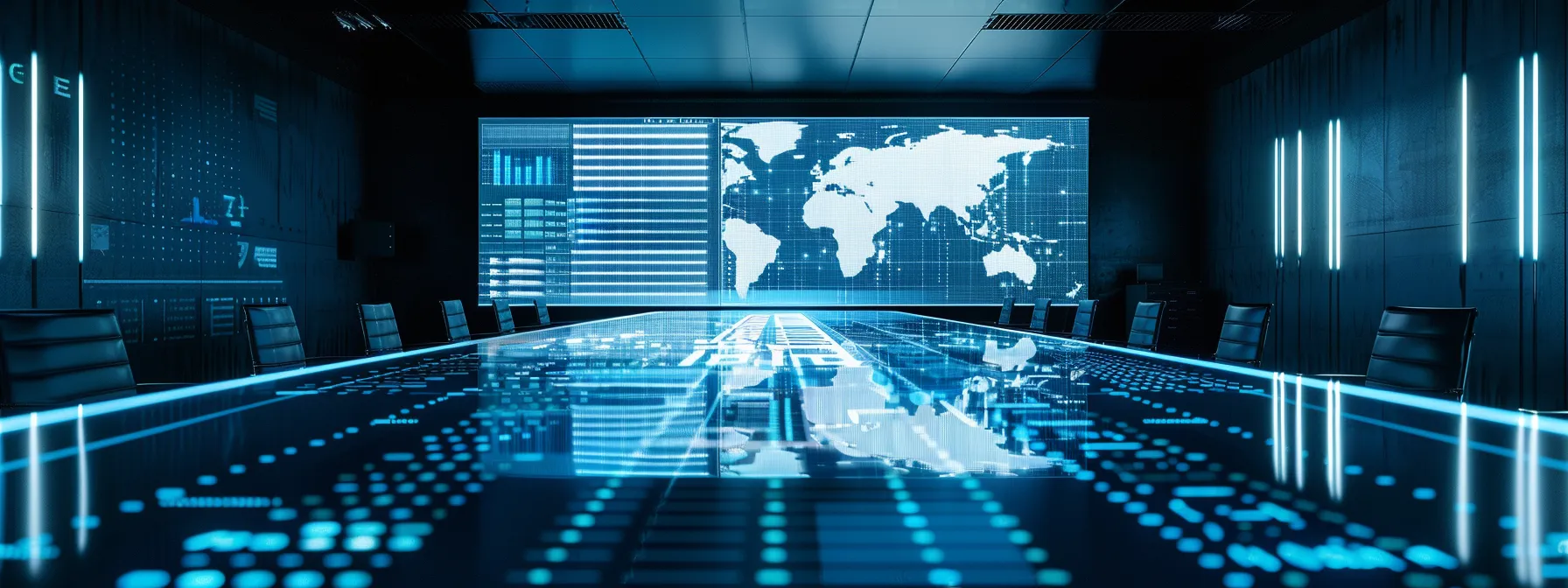 a sleek, modern office space featuring a glossy conference table with a large digital screen displaying data analytics, illuminated by bright, focused led lighting that highlights the professionalism of a strategic meeting in progress.