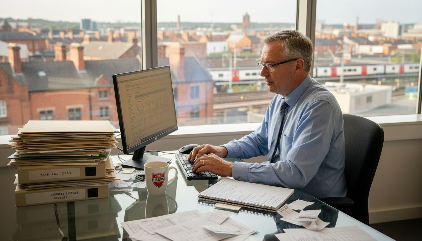 Accountant reviewing invoices in Leeds office