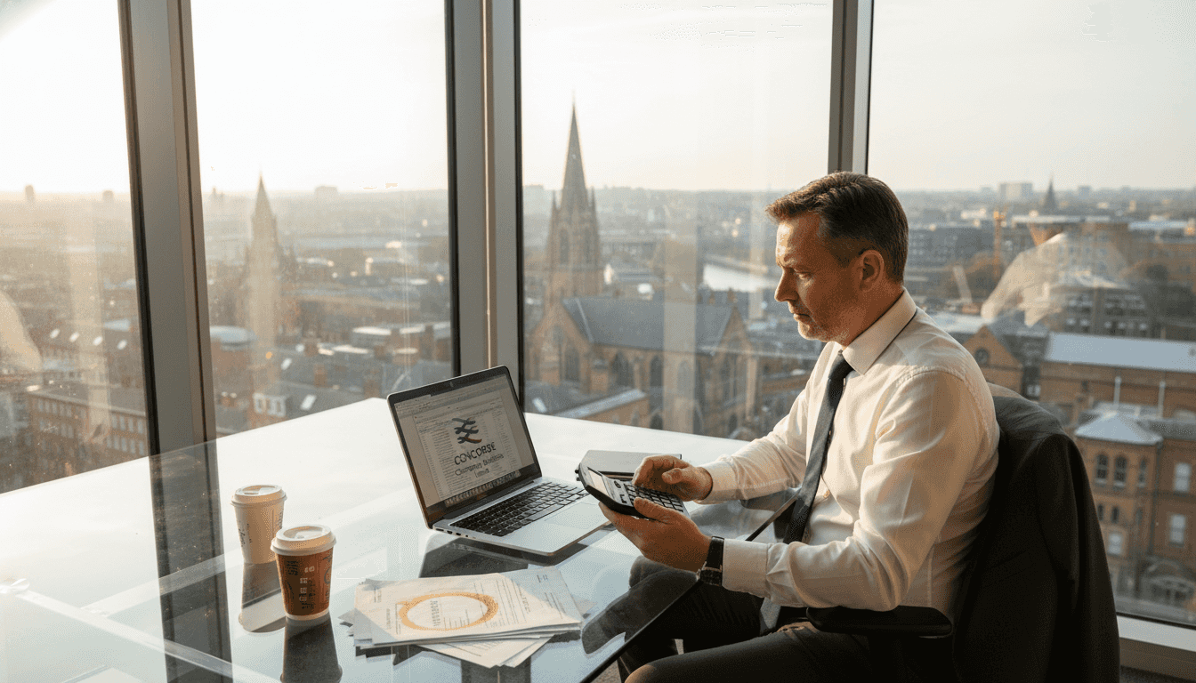 Business owner reviews tax documents in office