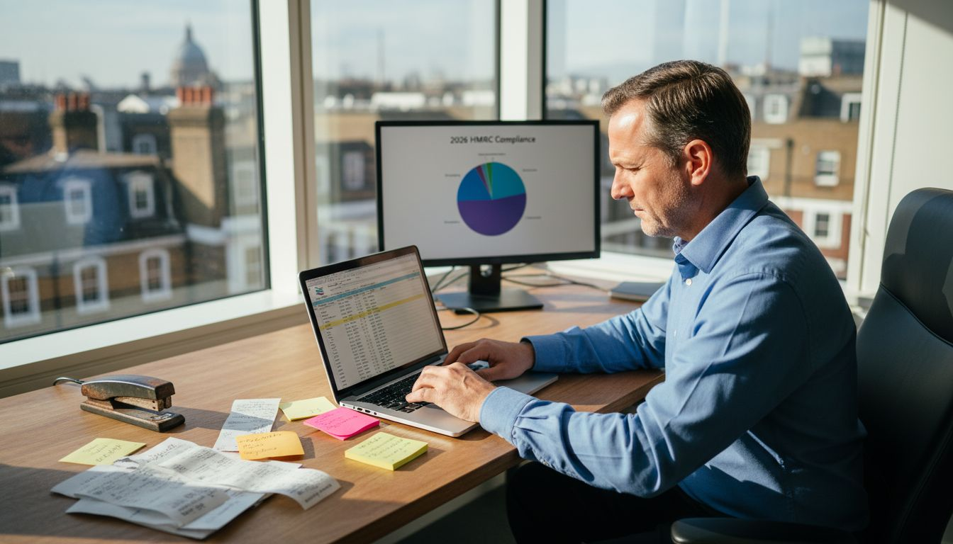 Business owner reviewing tax compliance spreadsheets