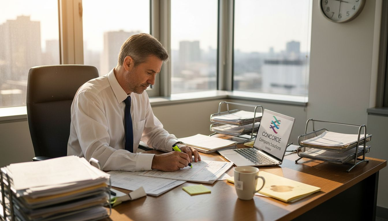 Business owner reviews paperwork on office desk