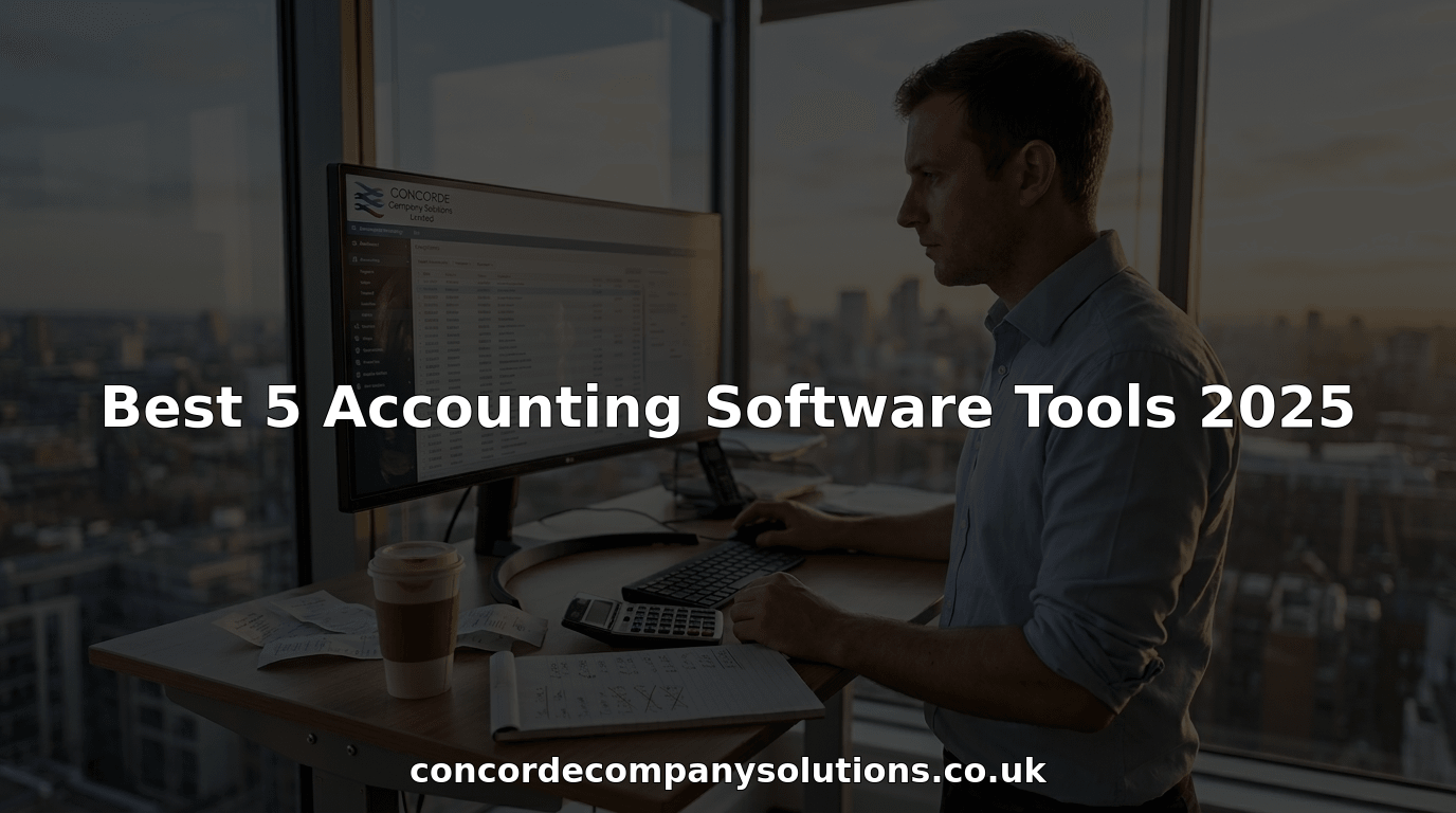 Accountant using software at corner desk, city view