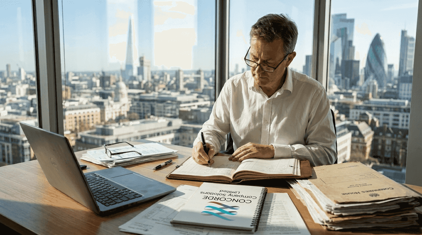 Accountant preparing statutory accounts in London office
