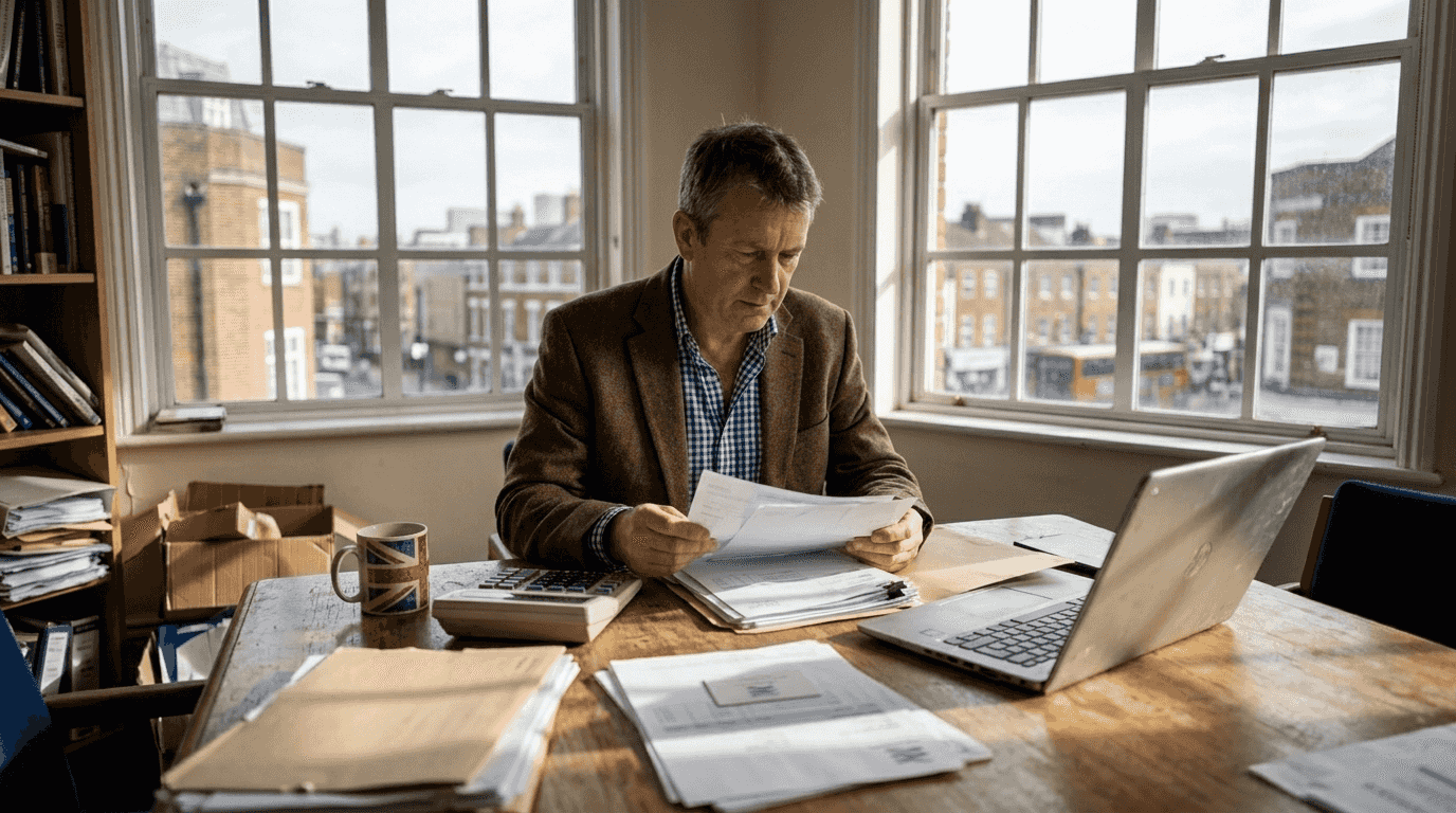 UK business owner reviewing paperwork in sunny office