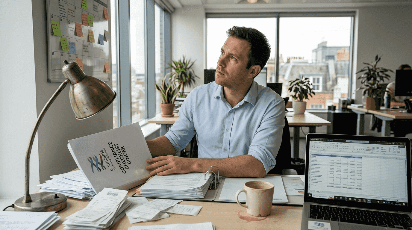 Accountant reviewing checklist in busy corner office