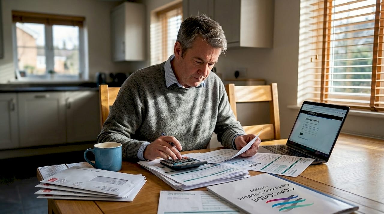 Man sorting tax documents in home kitchen