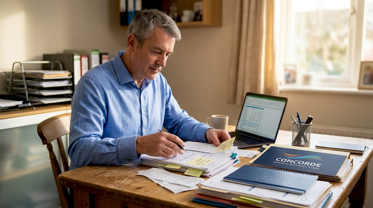 Small business owner sorting tax documents in home office