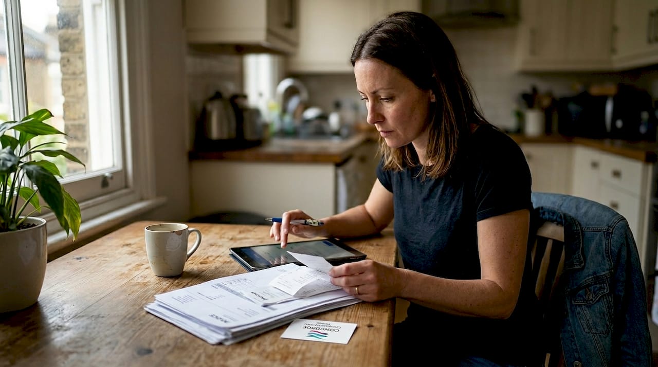 Business owner reconciling transactions at kitchen table