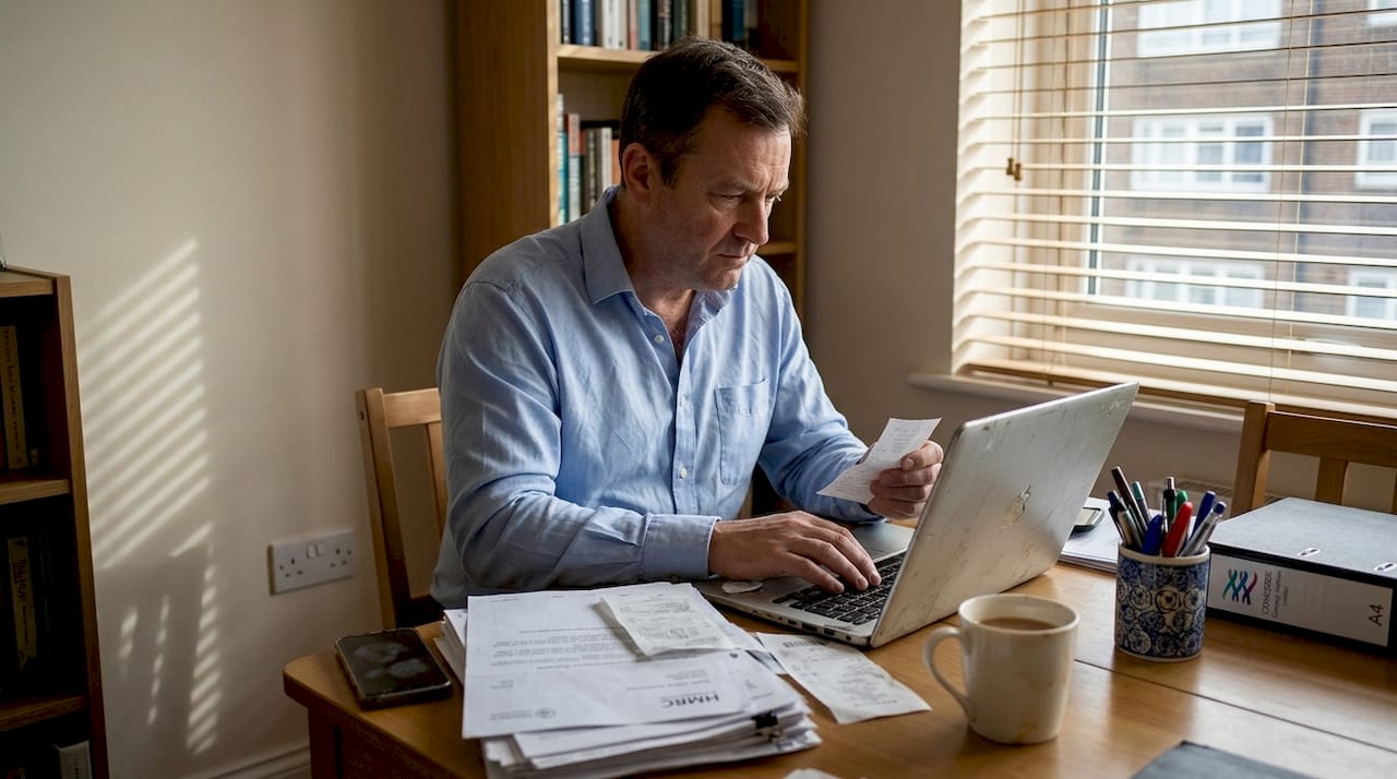 Business owner reviewing financial papers at home