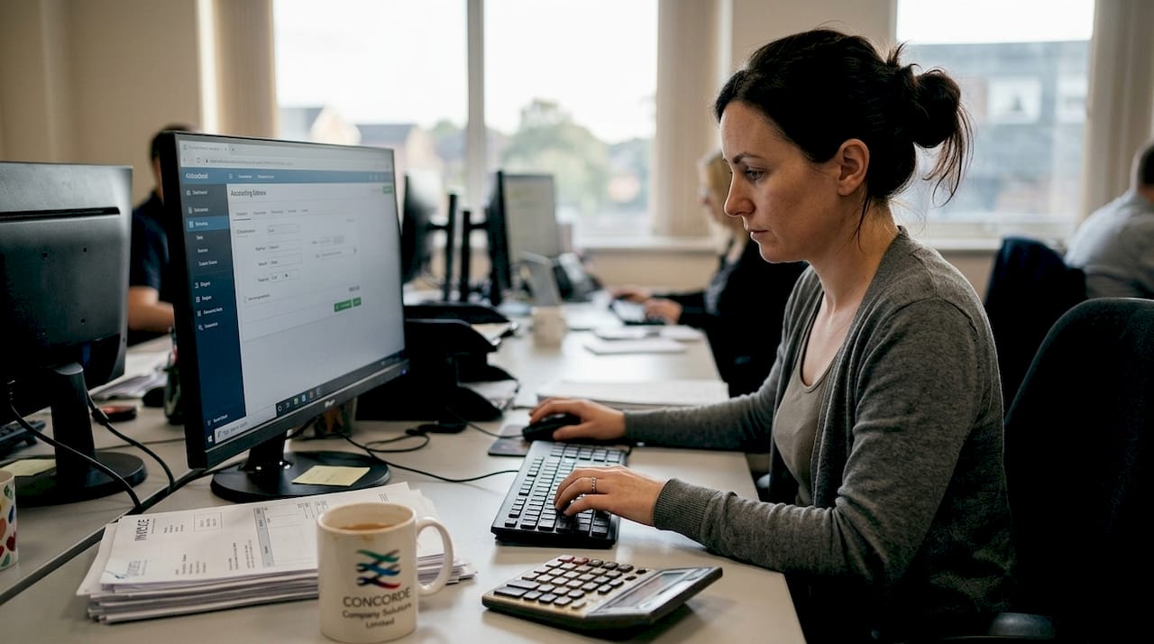 Bookkeeper entering data at small office desk