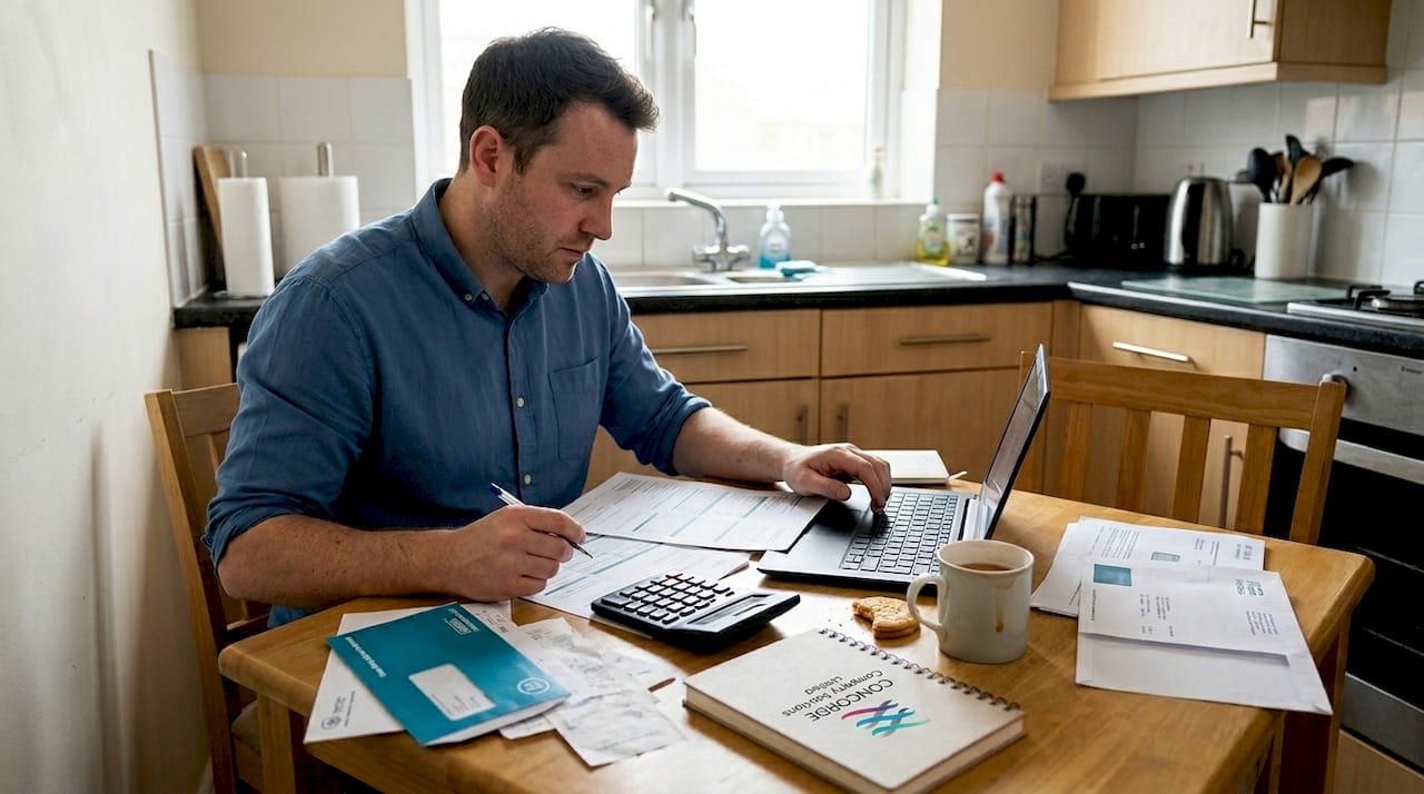 Business owner checking tax paperwork at table