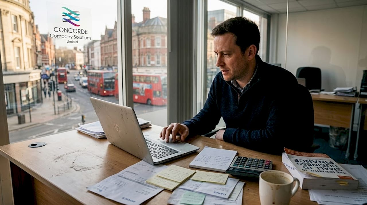 UK SME owner working at cluttered desk