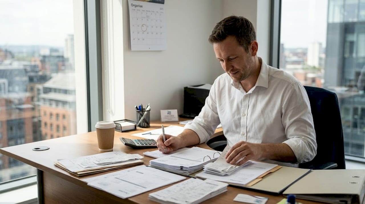 Business owner sorting receipts in bright office