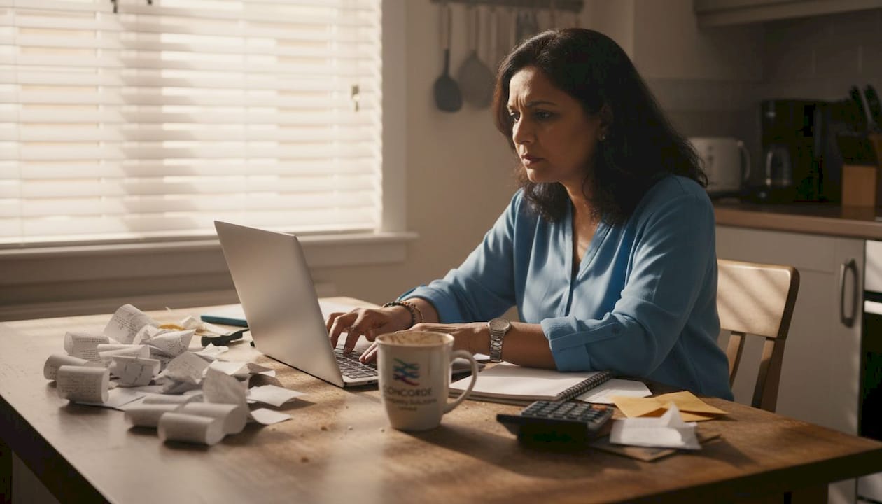Business owner entering tax details at kitchen table