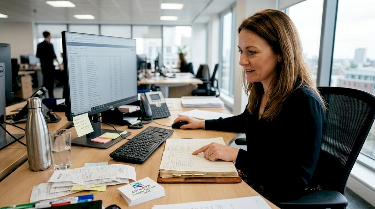 Finance manager reviewing bank statements in office