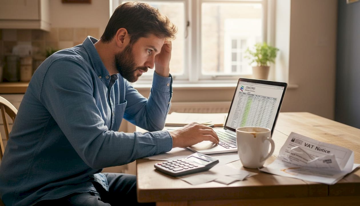 Small business owner puzzling over accounting spreadsheet