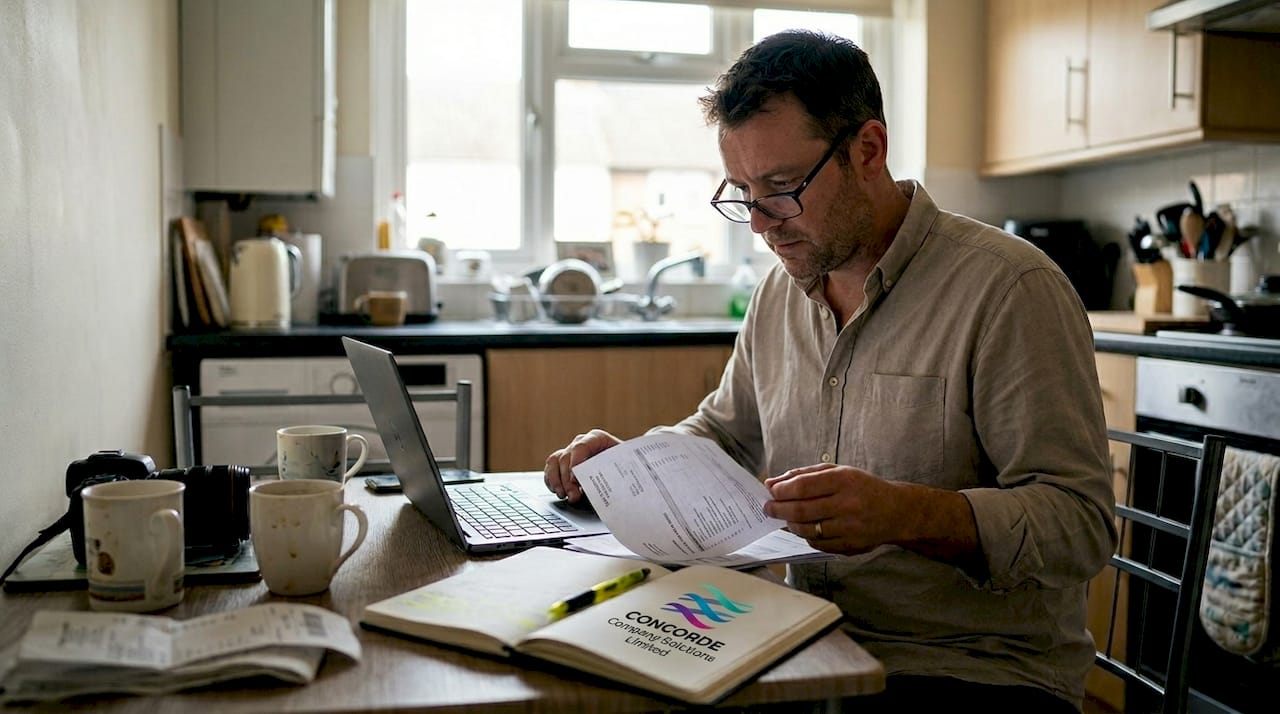 Business owner reviewing VAT documents at kitchen table