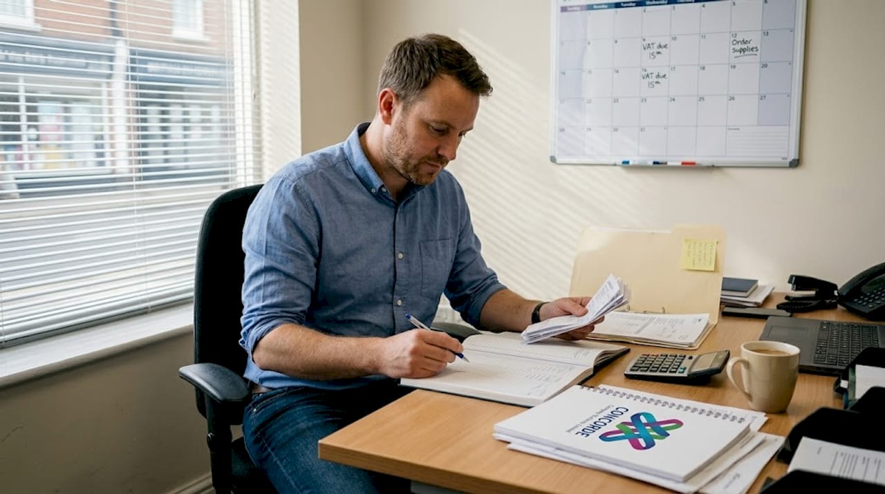 Business owner reviews VAT paperwork at desk