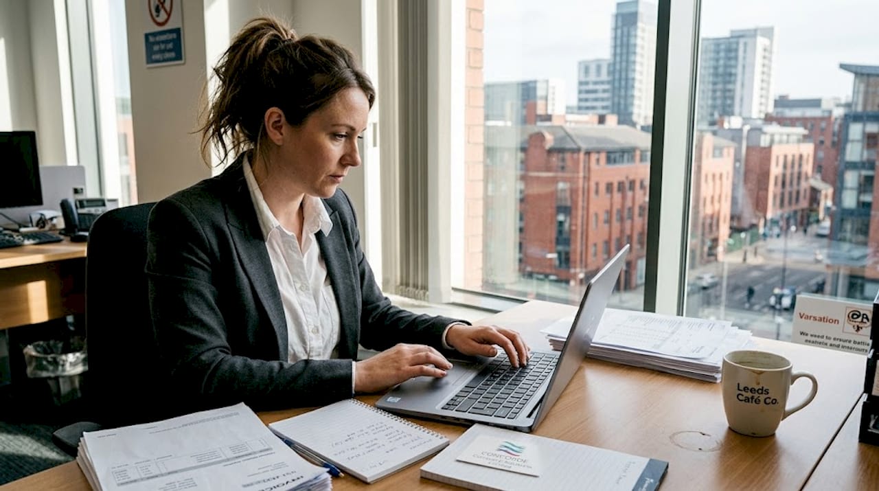 Businesswoman reviewing SME budget at office desk
