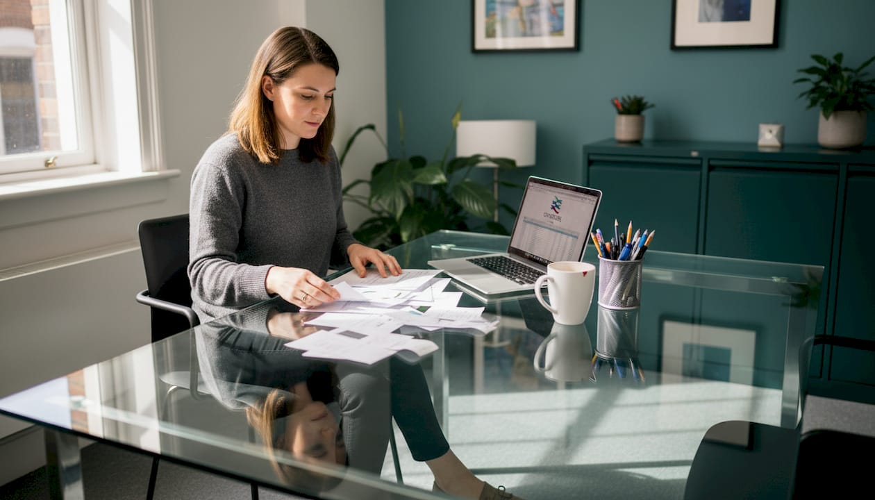 Woman sorting business receipts at busy desk