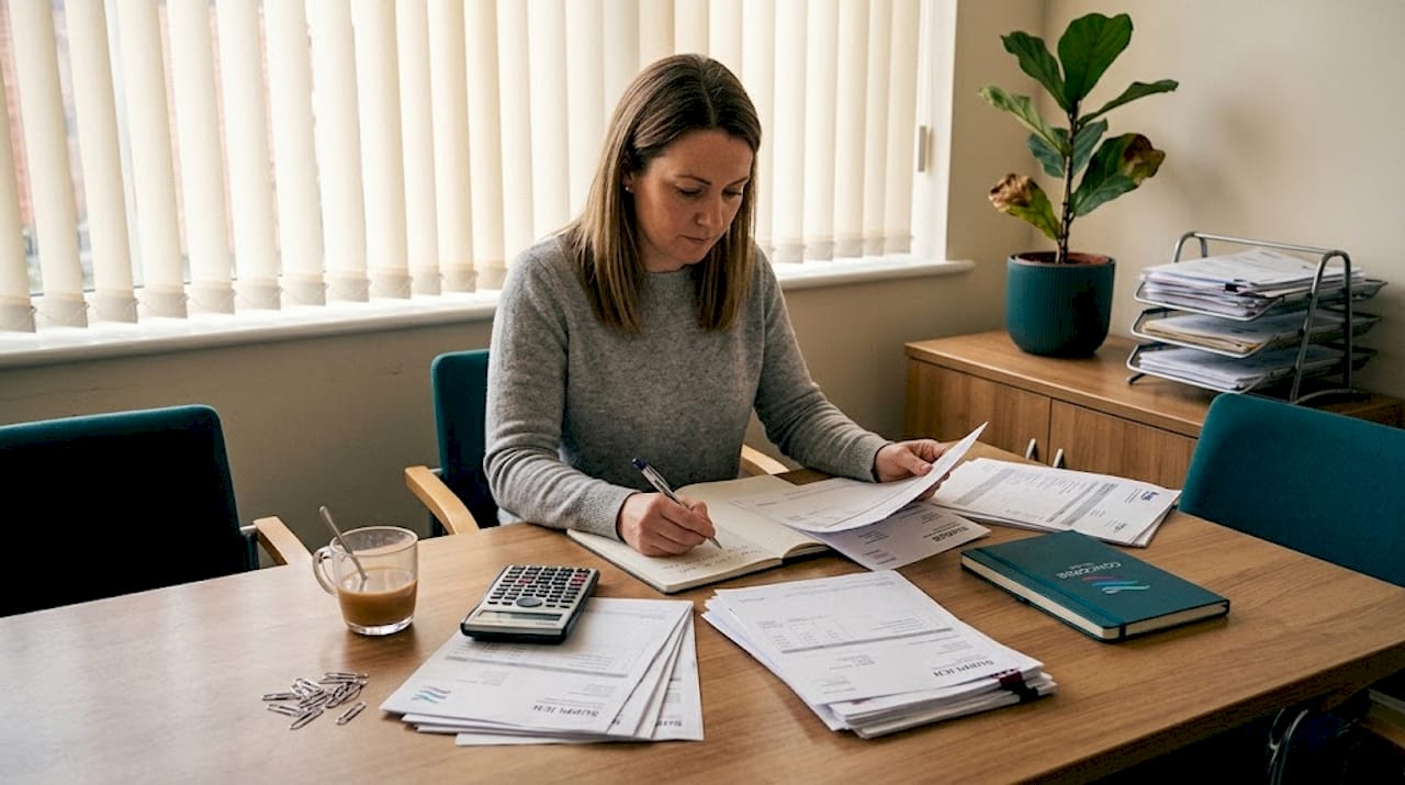 Woman sorting accounts payable invoices at desk