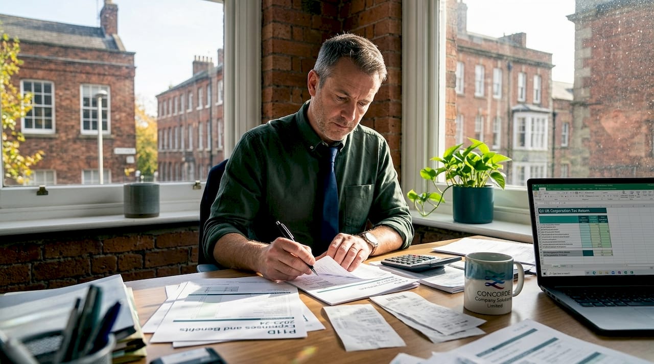 Business owner reviewing tax paperwork at desk