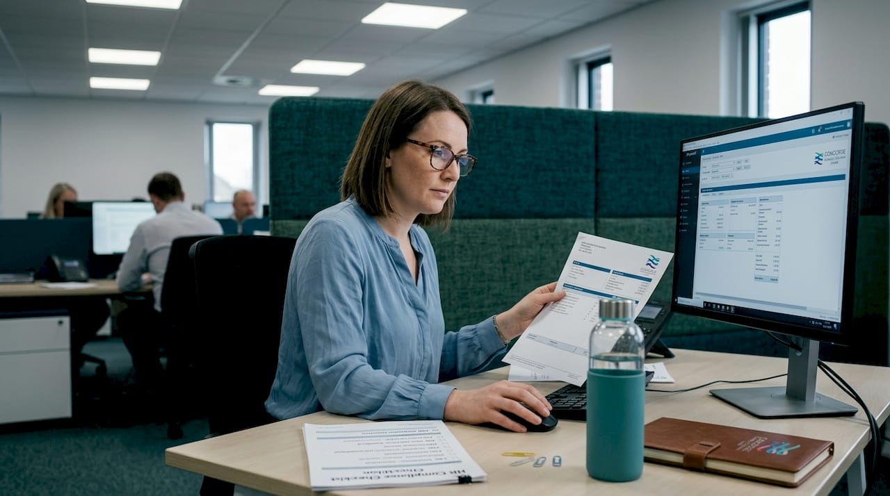 Payroll manager checks payslips at desk