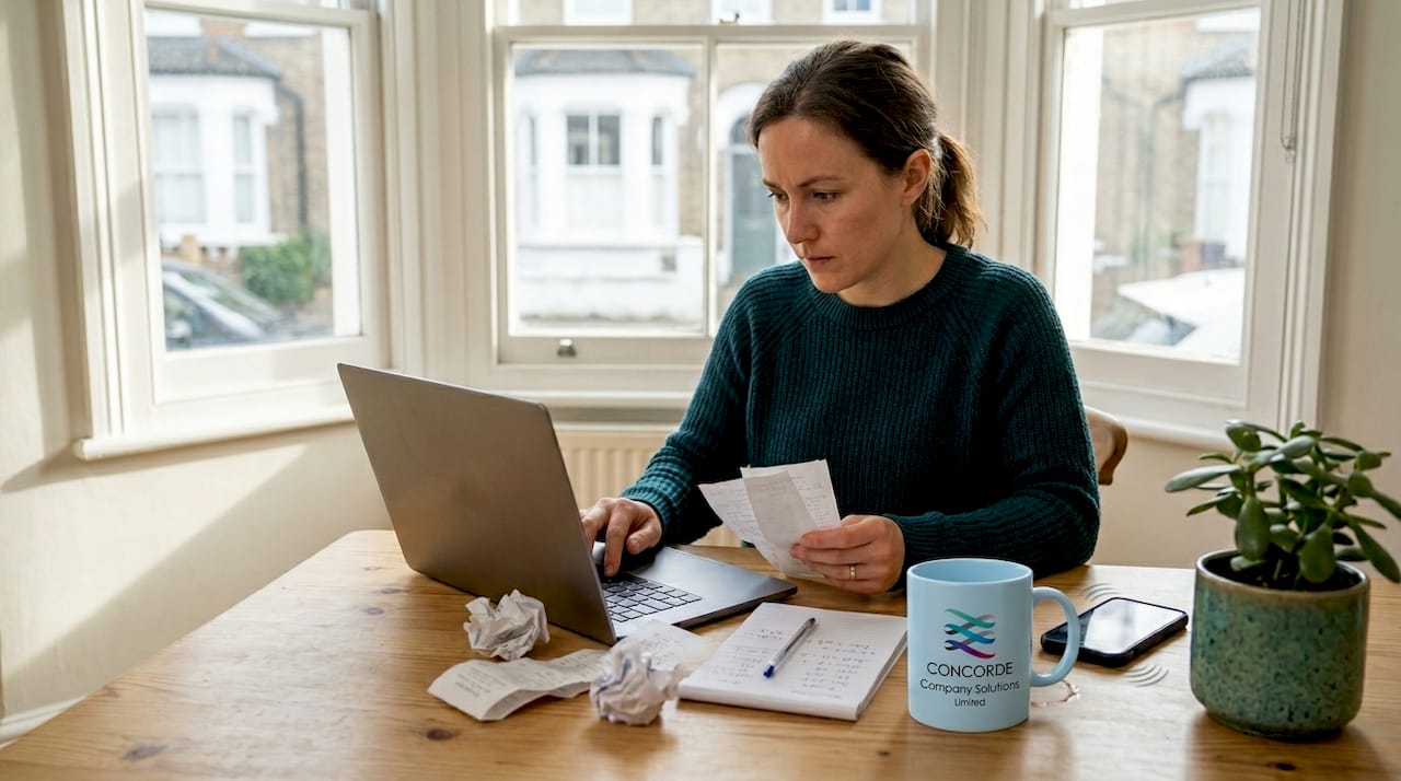 Business owner sorting tax receipts at table
