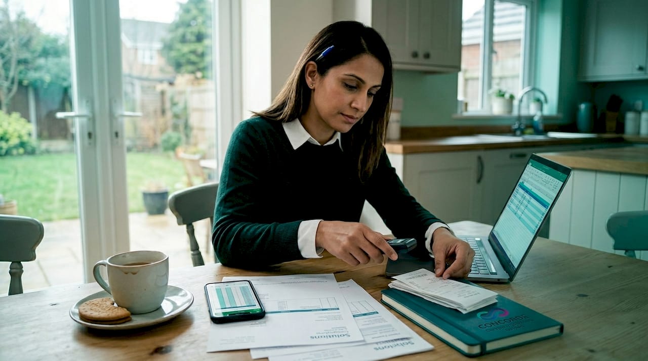 Business owner reviewing receipts at kitchen table