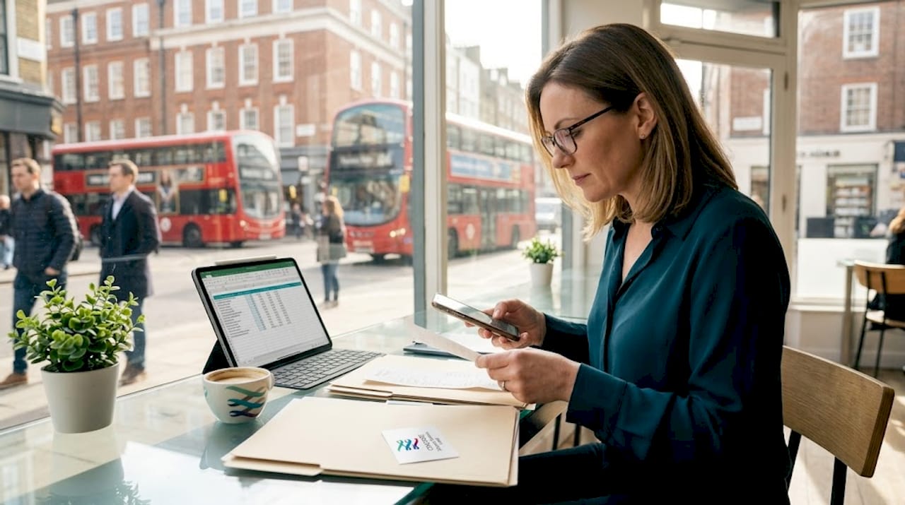 Businesswoman sorting records for compliance in office