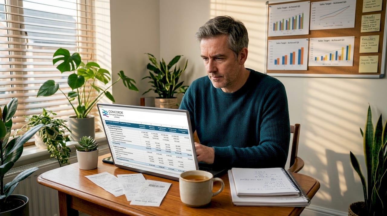 UK SME owner reviewing cash flow documents