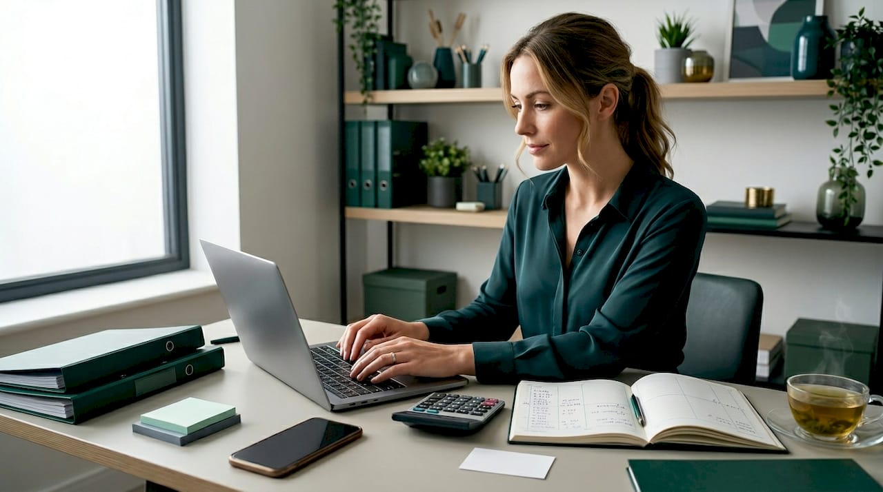 Business owner entering figures at accounting desk