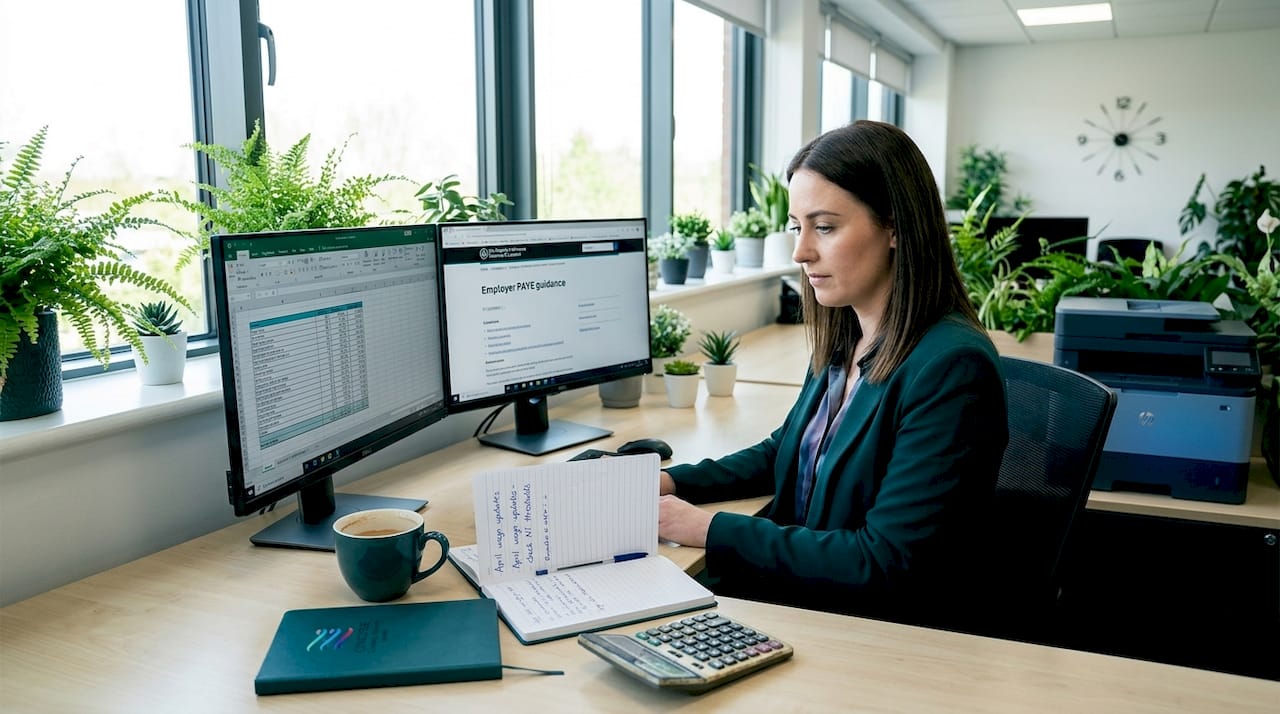 Payroll manager reviewing SME compliance at desk