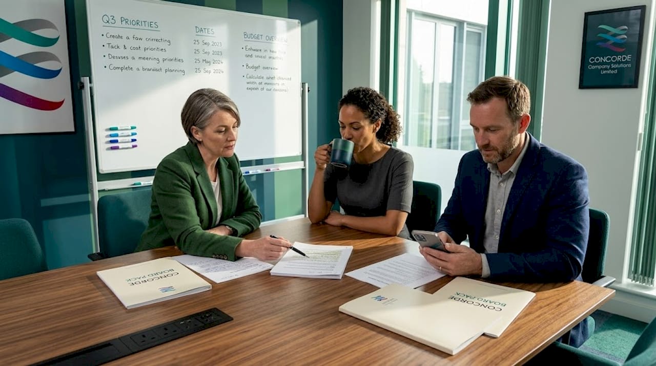 Directors discuss governance around walnut conference table