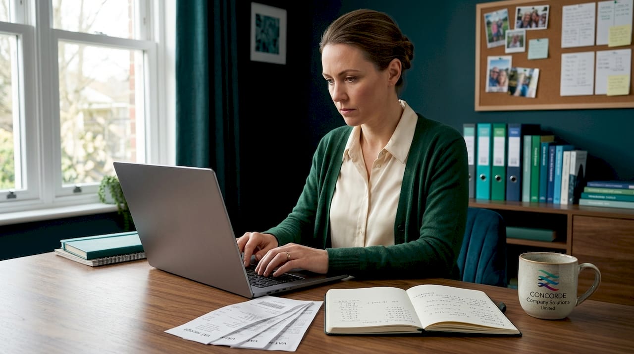 Woman entering VAT return at home office desk
