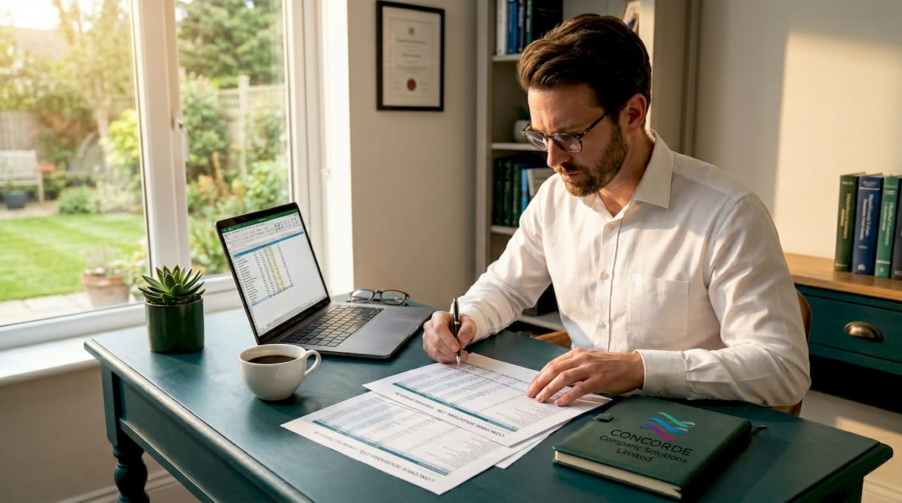 Accountant reviewing UK statutory audit documents